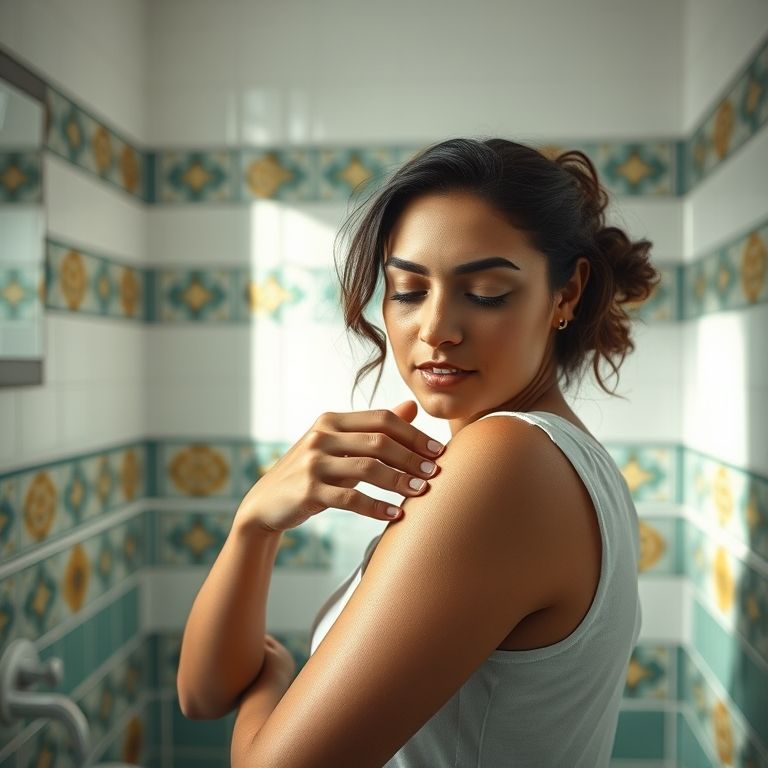 Mulher limpando um ferimento no braço em banheiro com azulejos coloridos.