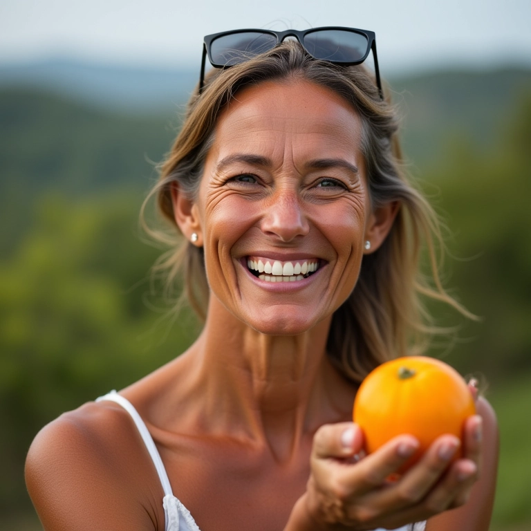 Mulher madura com pele saudável segurando laranja, beleza natural.