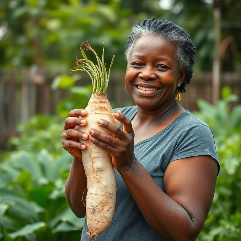 Mulher negra segurando um inhame em um jardim brasileiro.