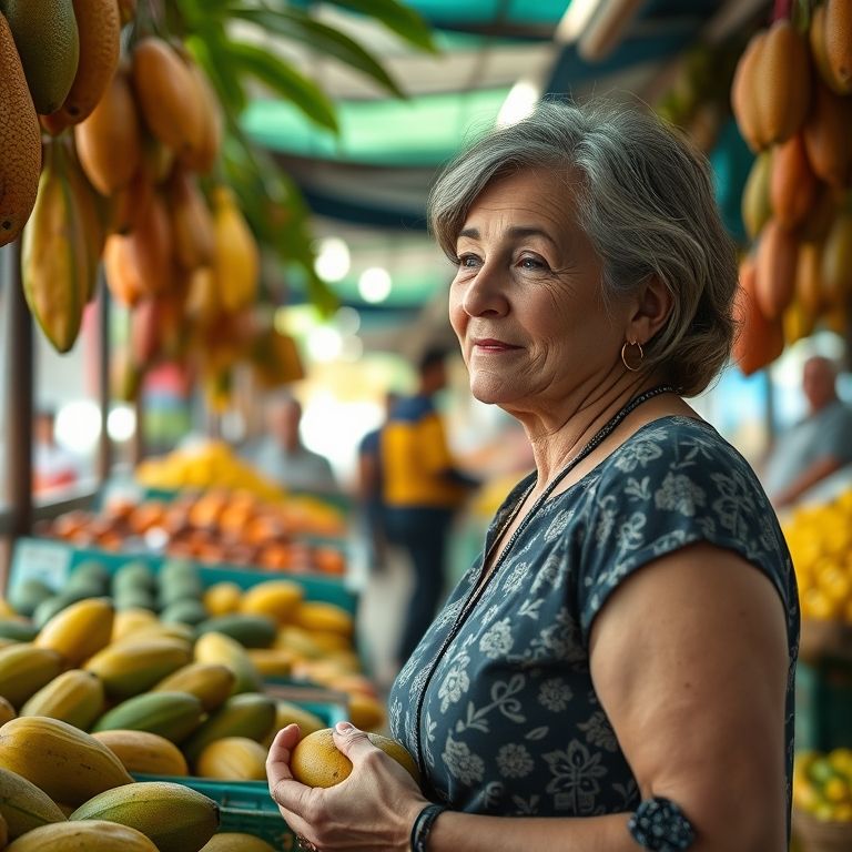 Mulher observando Salak em mercado brasileiro.