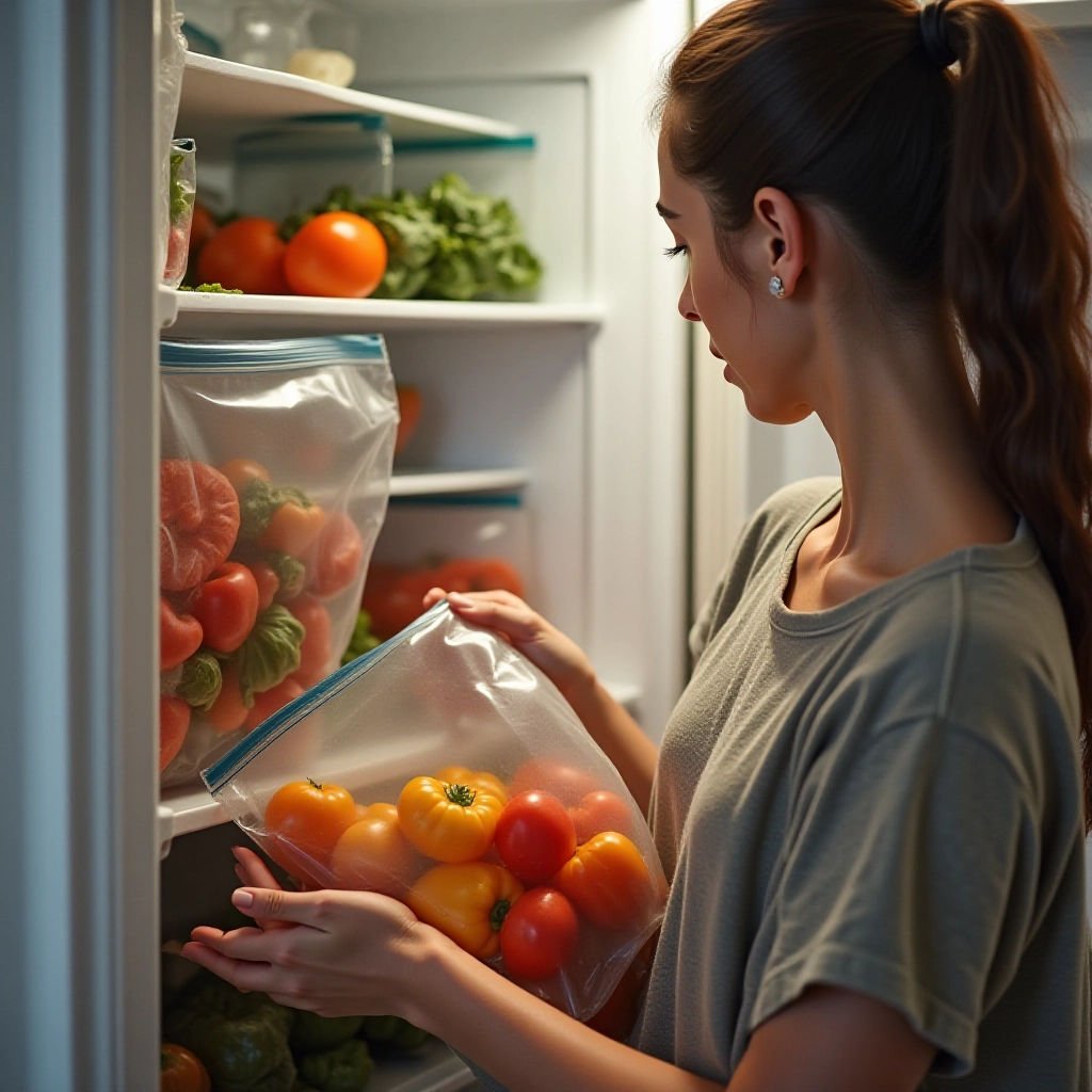 Mulher organizando legumes congelados em sacos dentro do freezer.