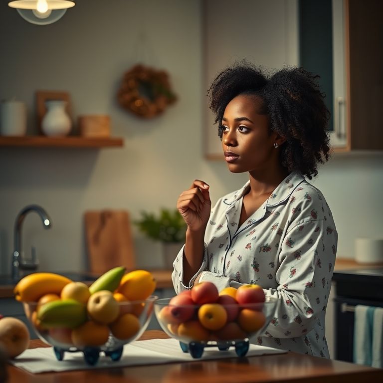 Mulher pensando em comer frutas à noite, questionando se engorda.