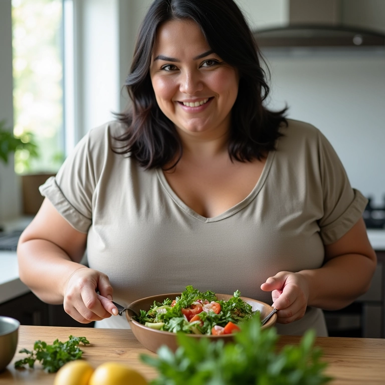 Mulher plus-size preparando salada com batata yacon.