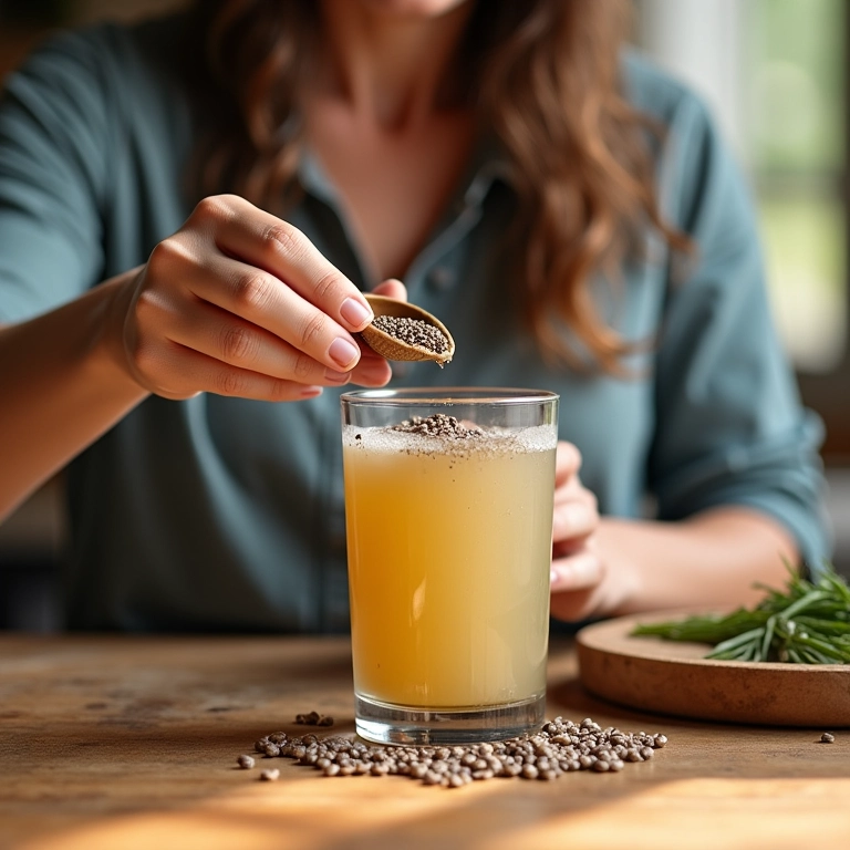 Mulher preparando água de chia, destacando a sensação de saciedade.
