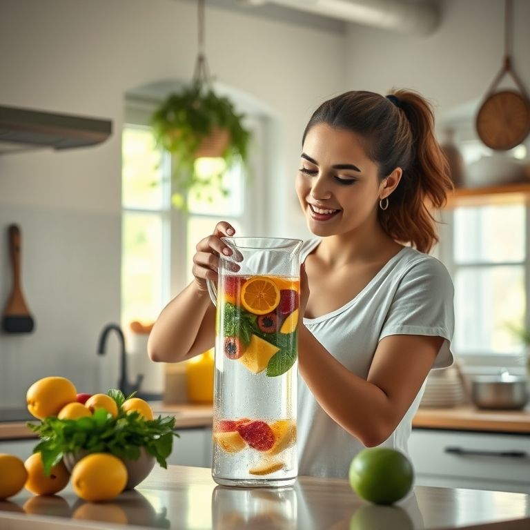 Mulher preparando água saborizada em cozinha brasileira ensolarada.