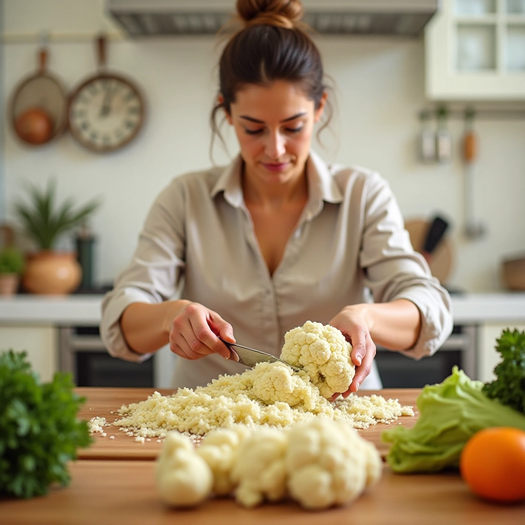 Mulher preparando arroz de couve-flor em uma cozinha moderna e bem iluminada.