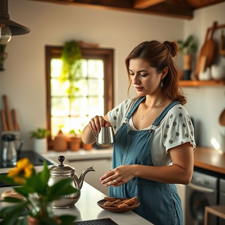 Mulher preparando chá de Anador em cozinha colorida.