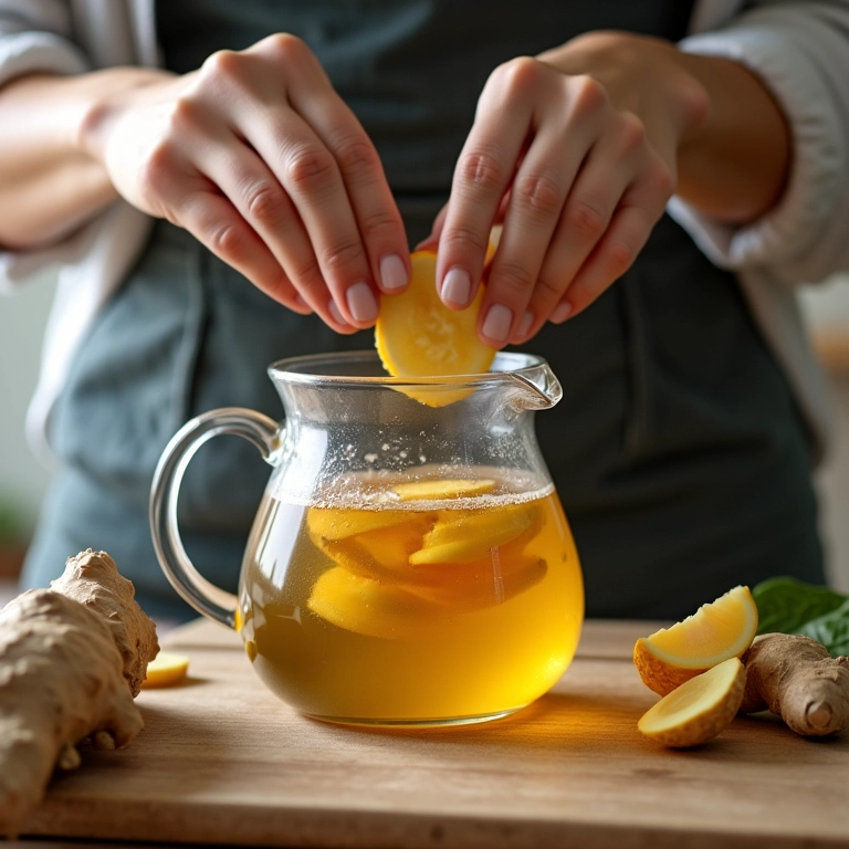 Mulher preparando chá de gengibre em chaleira de vidro.