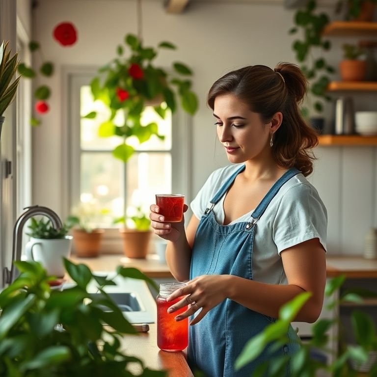 Mulher preparando chá de hibisco em cozinha brasileira vibrante e iluminada para controle do ácido úrico.