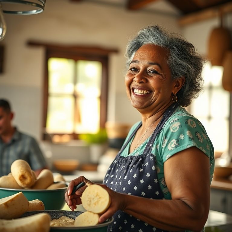 Mulher preparando mandioca em uma cozinha brasileira ensolarada.