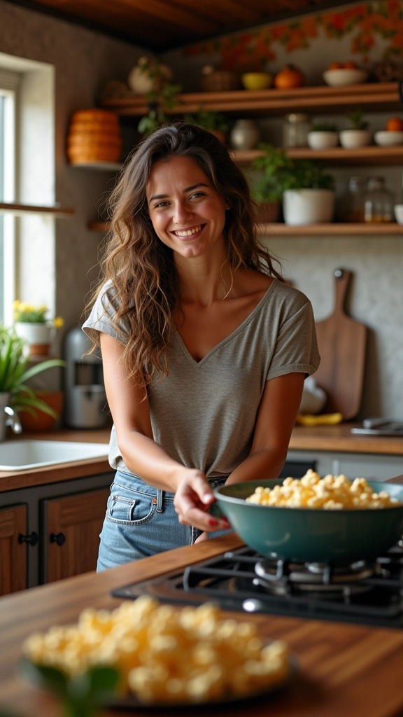 Mulher preparando pipoca de panela em cozinha brasileira vibrante.