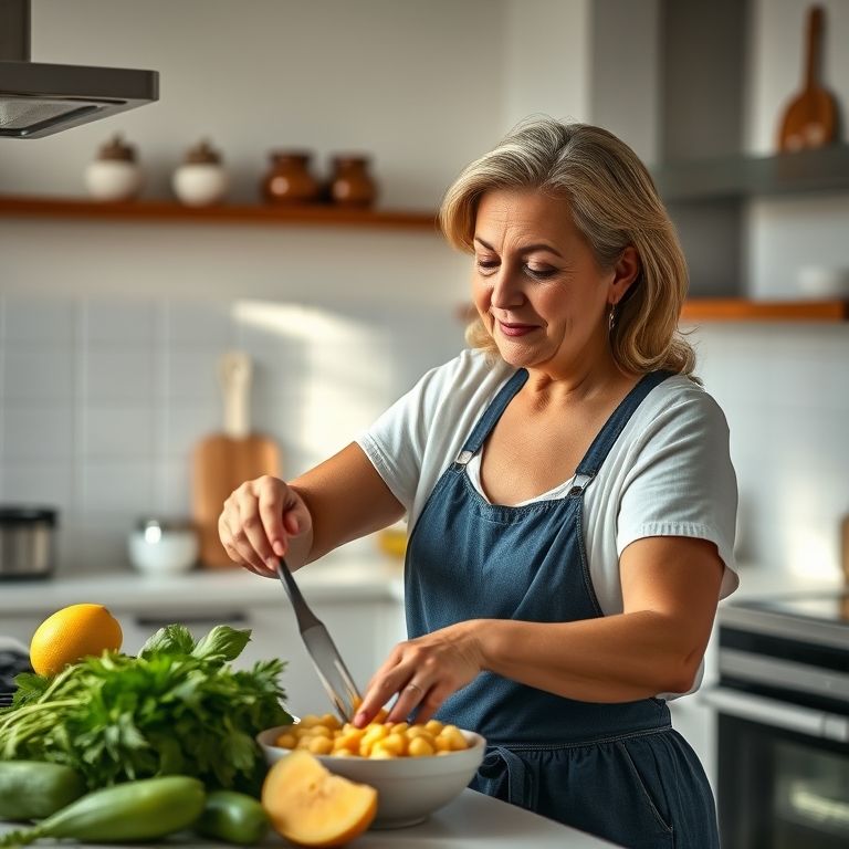 Mulher preparando purê de batata baroa em cozinha moderna com toques brasileiros.