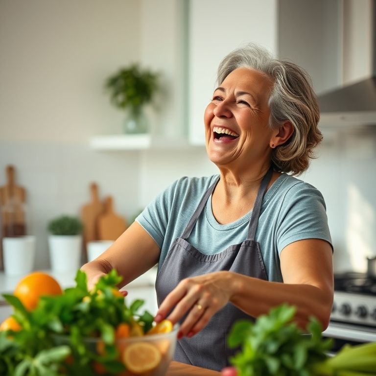 Mulher preparando salada com laranjas, fortalecendo o sistema imunológico.