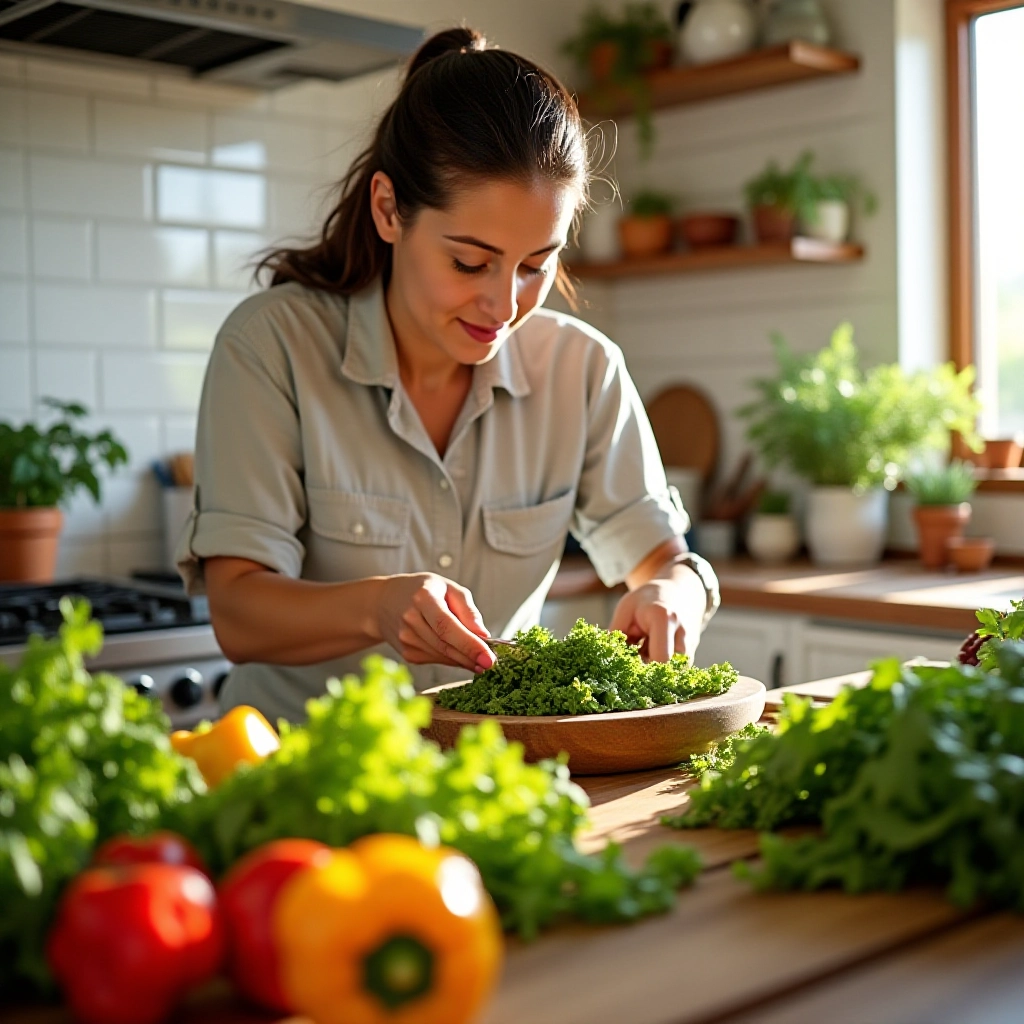 Mulher preparando salada rica em legumes para fortalecer a imunidade.