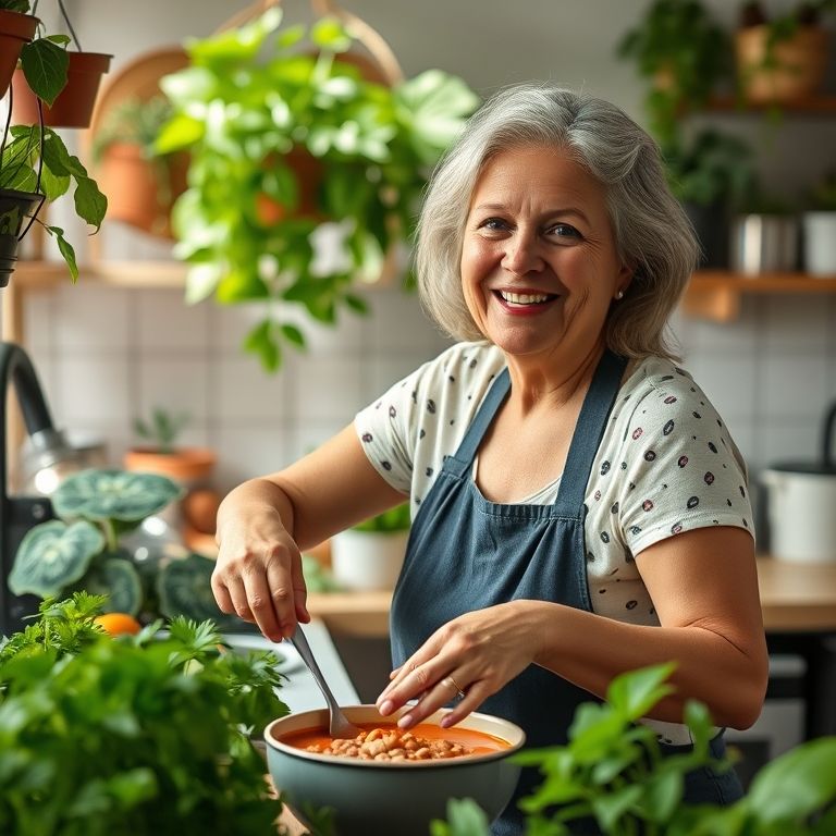 Mulher preparando sopa de lentilha, um legume pequeno e poderoso contra a anemia.