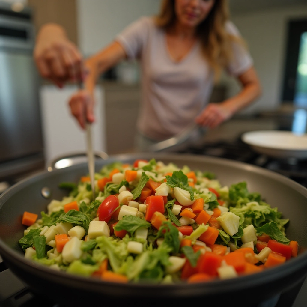 Mulher preparando uma refeição rica em legumes, adicionando vegetais picados a uma panela.