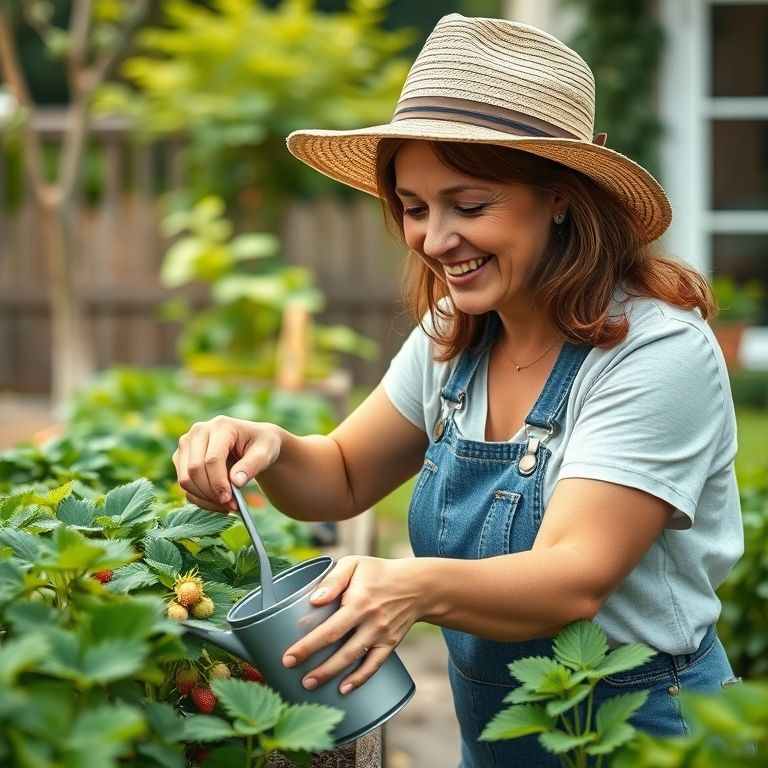 Mulher regando plantas de morango em um jardim doméstico.