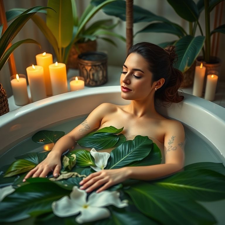 Mulher relaxando em banho com folhas de Anador e velas.