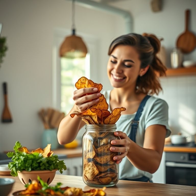 Mulher saboreando chips de legumes desidratados.