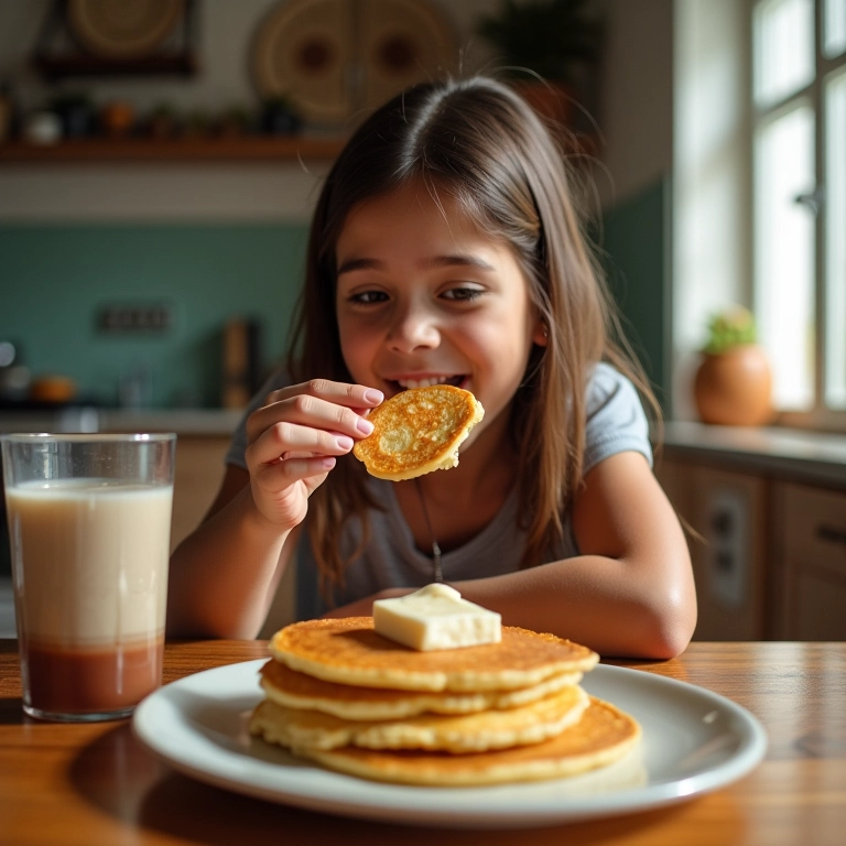 Mulher saboreando panquecas de aveia em uma manhã ensolarada.