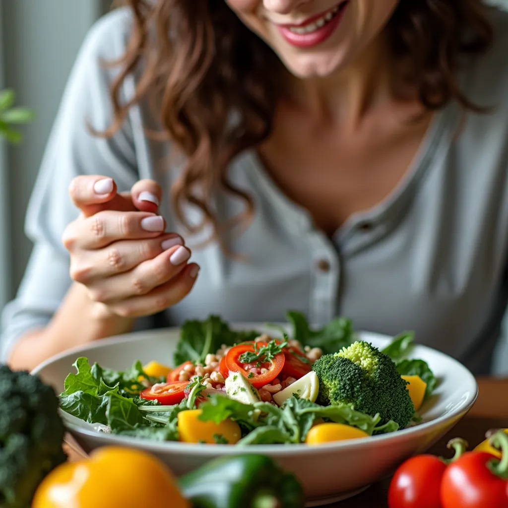 Mulher saboreando salada de legumes de baixo índice glicêmico.