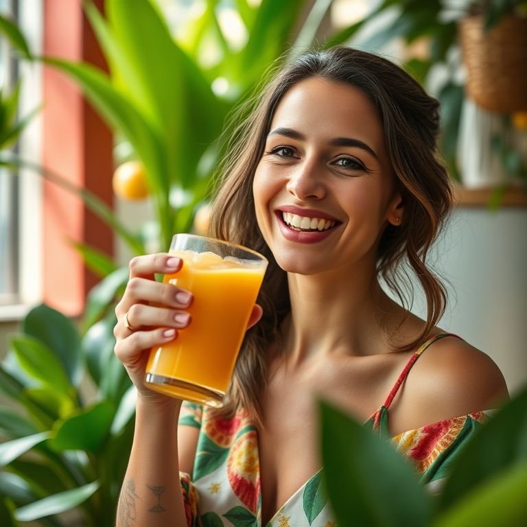 Mulher saboreando suco de Laranja Moro no lanche da tarde.