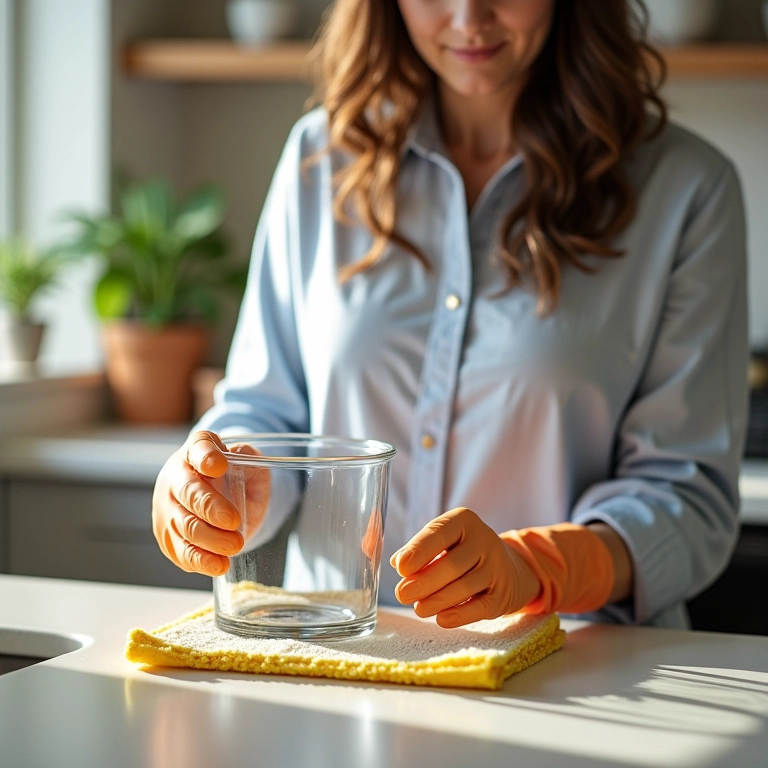 Mulher se preparando para lavar copo de liquidificador com esponja macia e luvas.