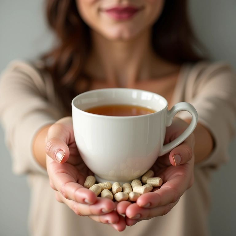 Mulher segura chá de alcaçuz perto de medicamentos.