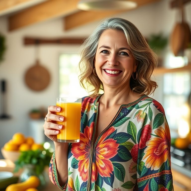 Mulher sorrindo bebendo suco de laranja, transmitindo alegria e bem-estar.