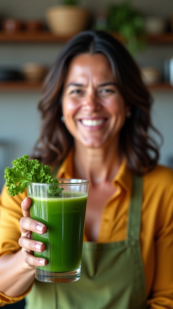 Mulher sorrindo com copo de suco verde de couve.