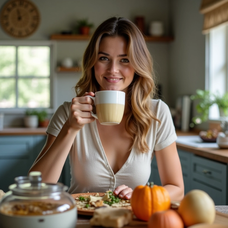 Mulher sorrindo enquanto bebe chá de alho em uma cozinha iluminada.