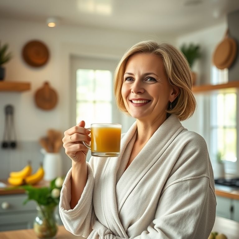 Mulher sorrindo enquanto bebe chá de banana em cozinha decorada.