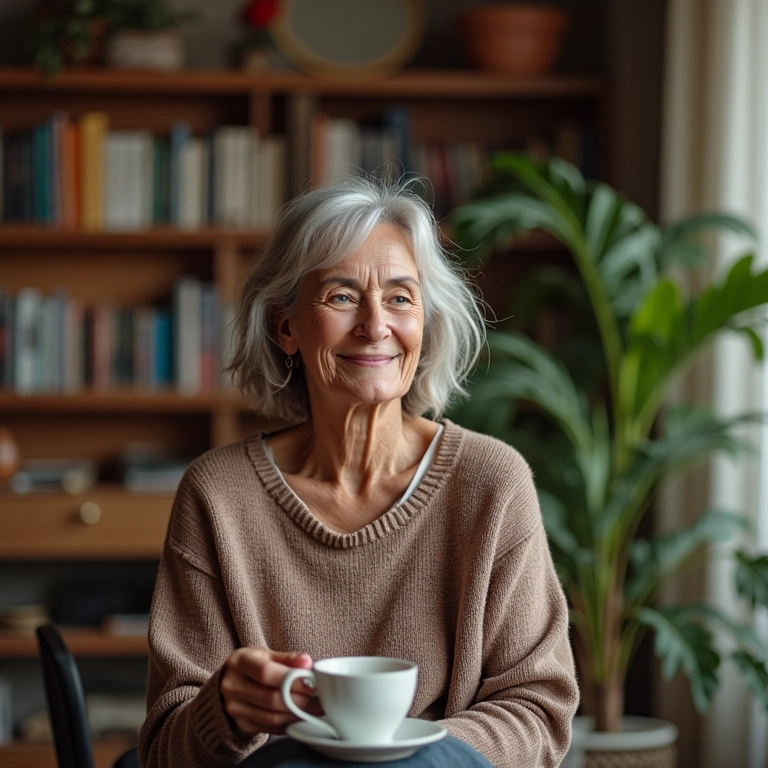 Mulher sorrindo enquanto bebe chá de gengibre em casa.