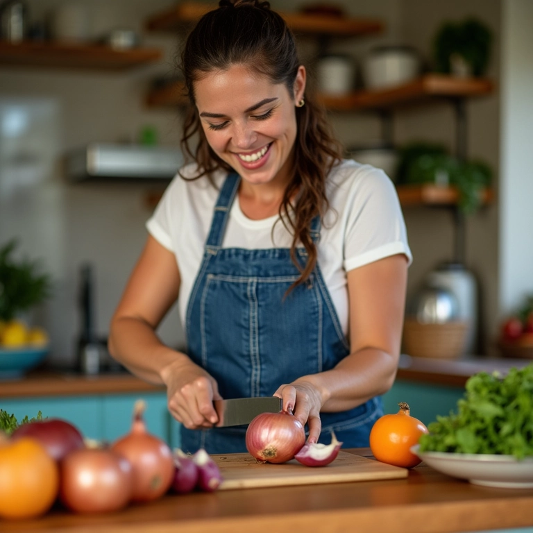 Mulher sorrindo enquanto corta cebola sem chorar em uma cozinha colorida.