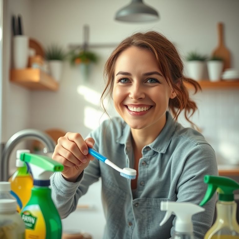 Mulher sorrindo enquanto esfrega o rejunte com uma escova de dentes em uma cozinha iluminada e vibrante.