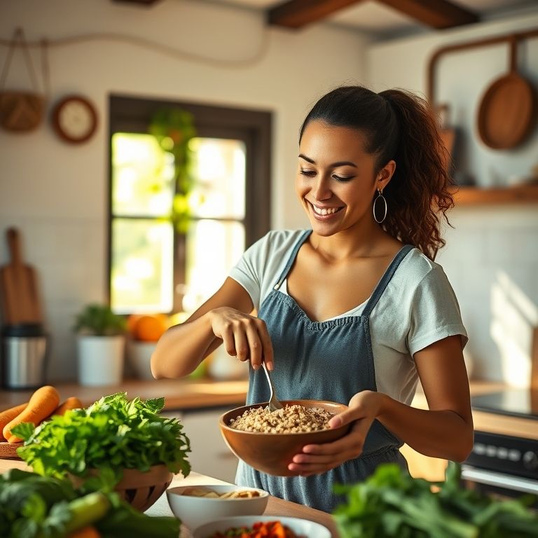 Mulher sorrindo preparando tigela de quinoa em cozinha brasileira ensolarada.
