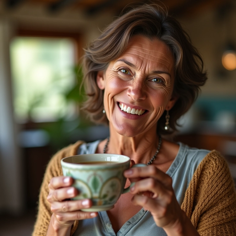 Mulher sorrindo segurando xícara de chá de alcaçuz em ambiente aconchegante.