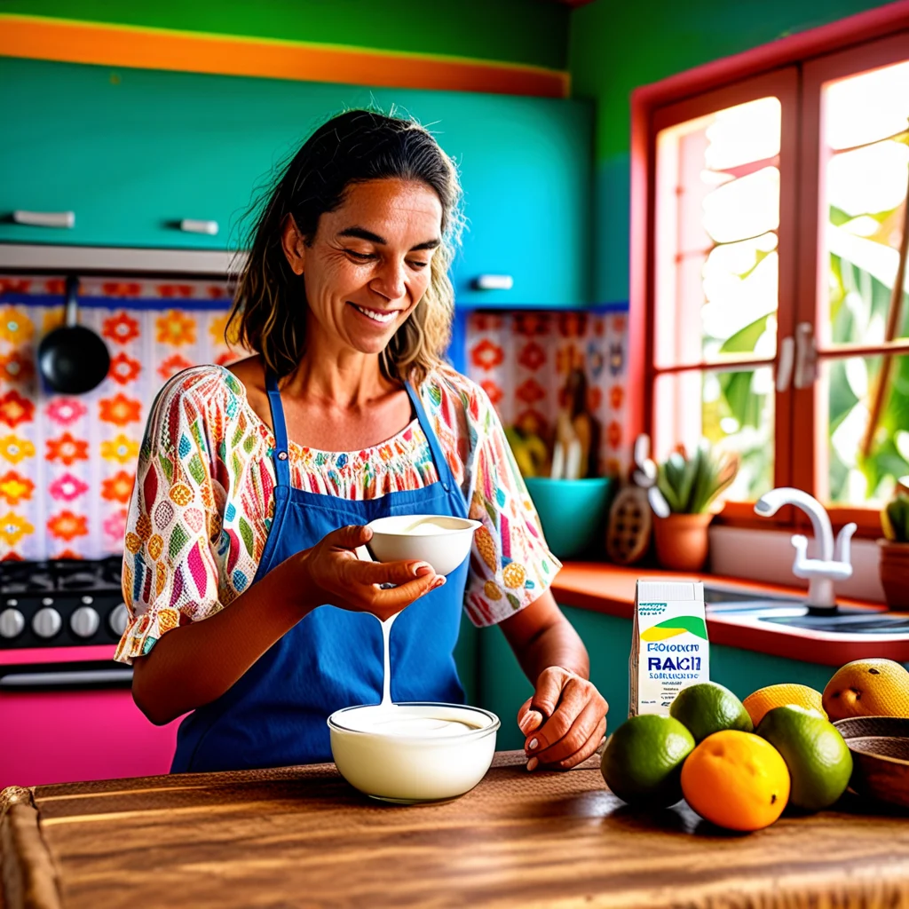 Mulher substituindo creme de leite por iogurte natural em cozinha colorida.