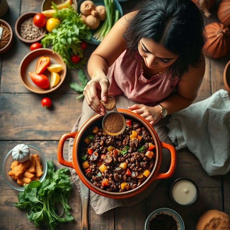 Mulher temperando feijão em panela de barro numa cozinha brasileira.