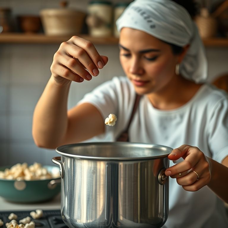 Mulher testando a temperatura do óleo para pipoca.