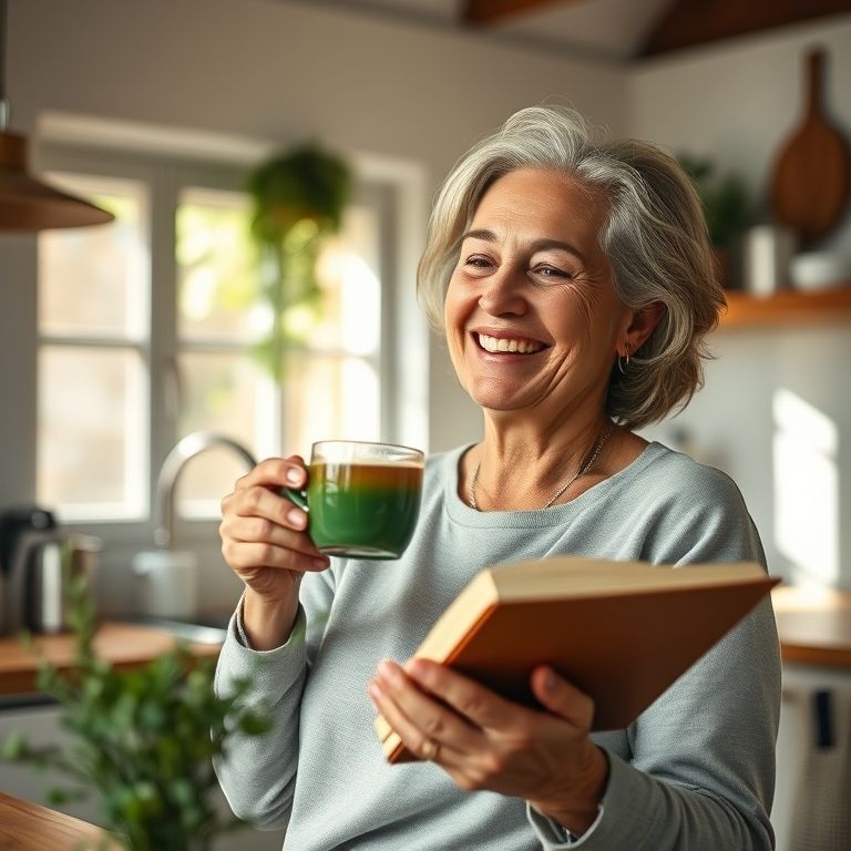 Mulher tomando chá de alecrim, sorrindo e concentrada.