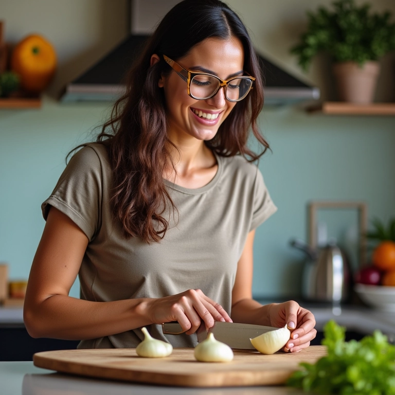 Mulher usando óculos de proteção ao cortar cebola.