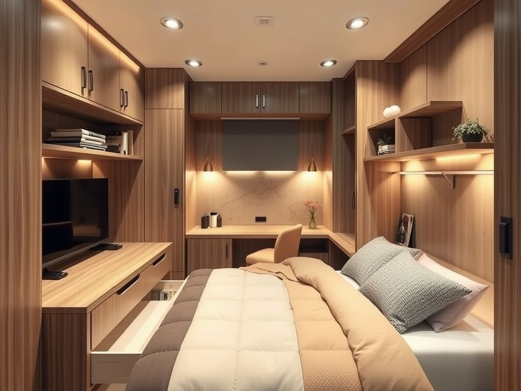 Móveis multifuncionais para otimizar o espaço em quartos pequenos: cama com gavetas e mesa retrátil.