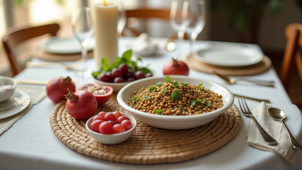 New Year's Eve table setting, lentil dish alongside other Brazilian lucky foods (pomegranate, Mesa de Ano Novo com lentilha e outras simpatias brasileiras.