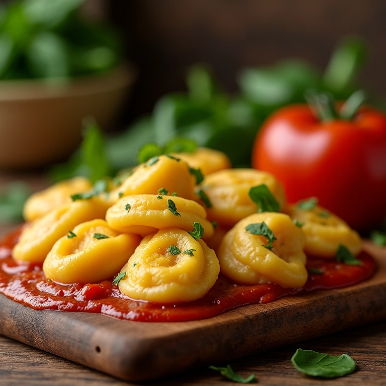 Nhoque caseiro de batata baroa servido com molho de tomate e manjericão.