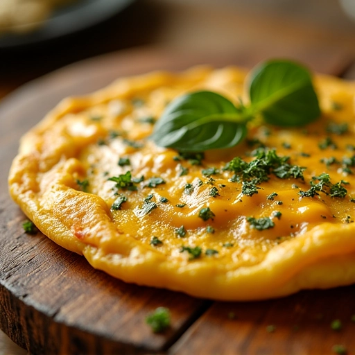 Omelete com ervas finas e queijo derretido.