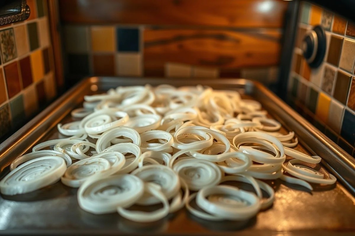 Fatias de cebola secando em forno convencional para fazer cebola em pó.