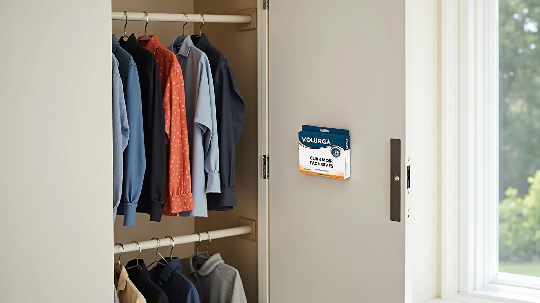 Guarda-roupa aberto com roupas coloridas, sachês antimofo visíveis, boa ventilação.