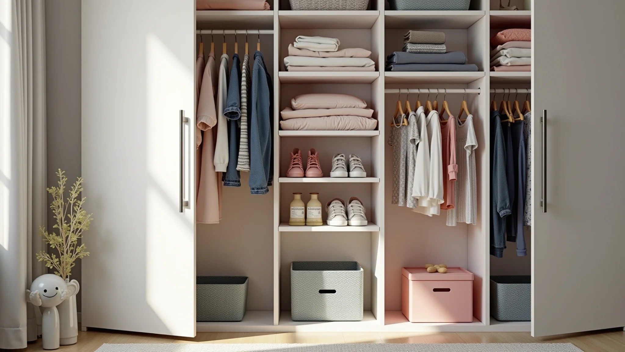 Guarda-roupa infantil aberto, organizado com roupas categorizadas e caixas transparentes.