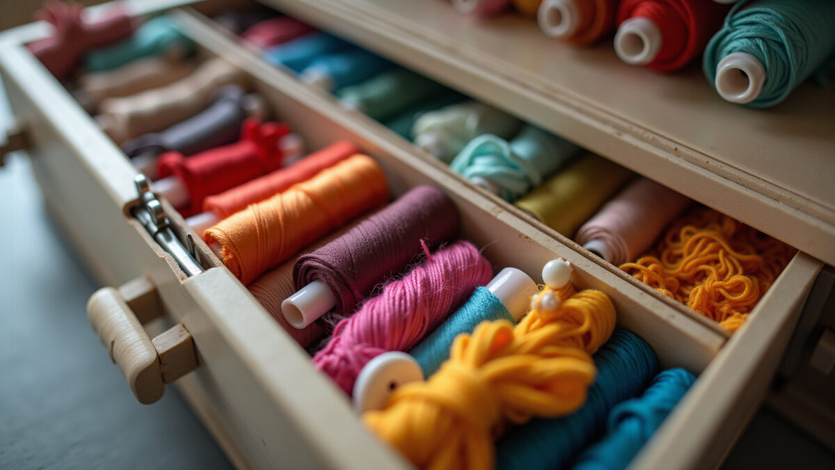 Caixa de costura aberta e organizada com materiais coloridos.
